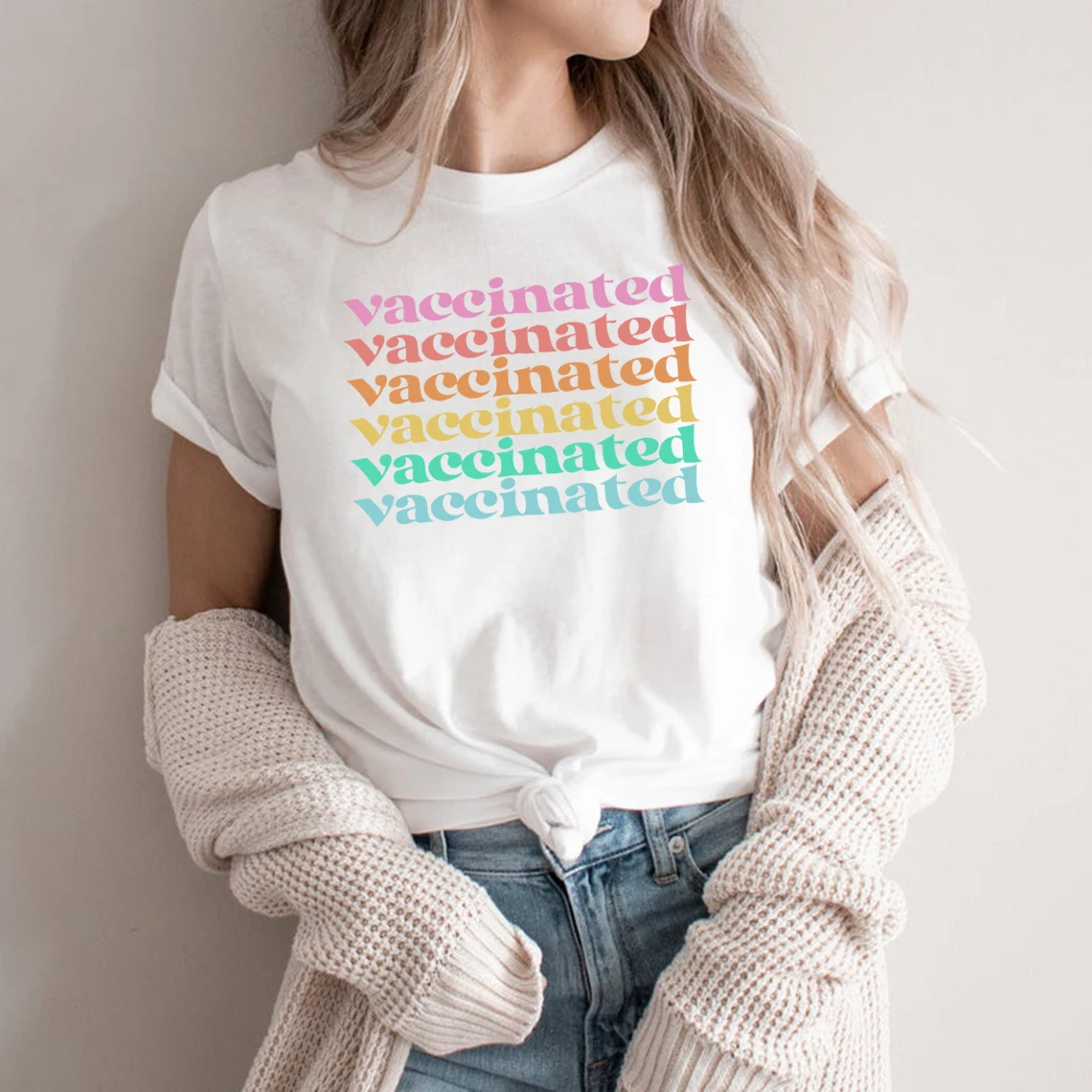 Vaccinated Shirt Pro Vaccine Unisex Graphic T Shirts Vaccines Saves Lives Tshirt Retro Rainbow Short Sleeve Crewneck Casual Tops