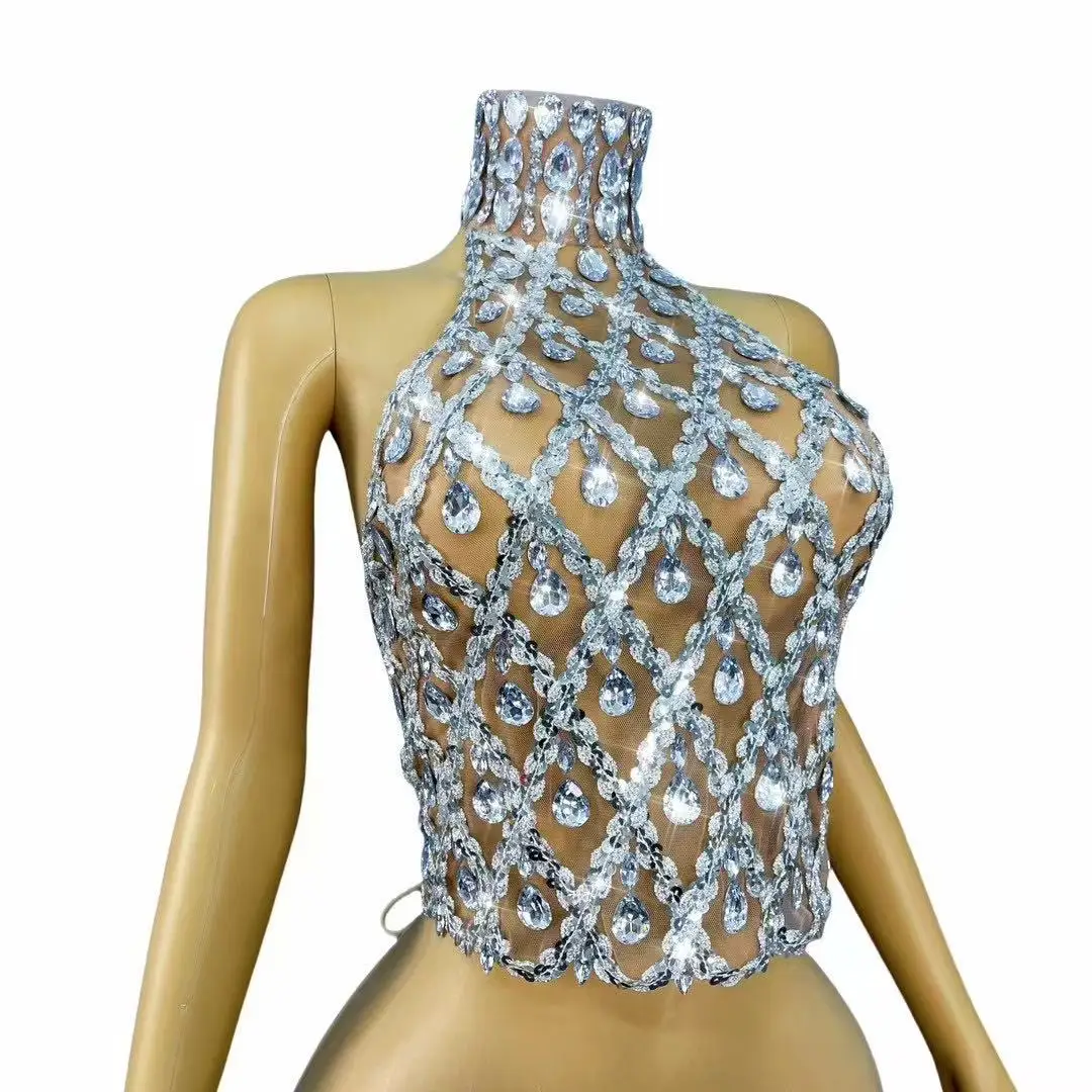 섹시한 빛나는 라인 석 투명한 메쉬 붕대 탑 부품 착용 여성 생일 파티 축하 패션 쇼 의상 무대 착용