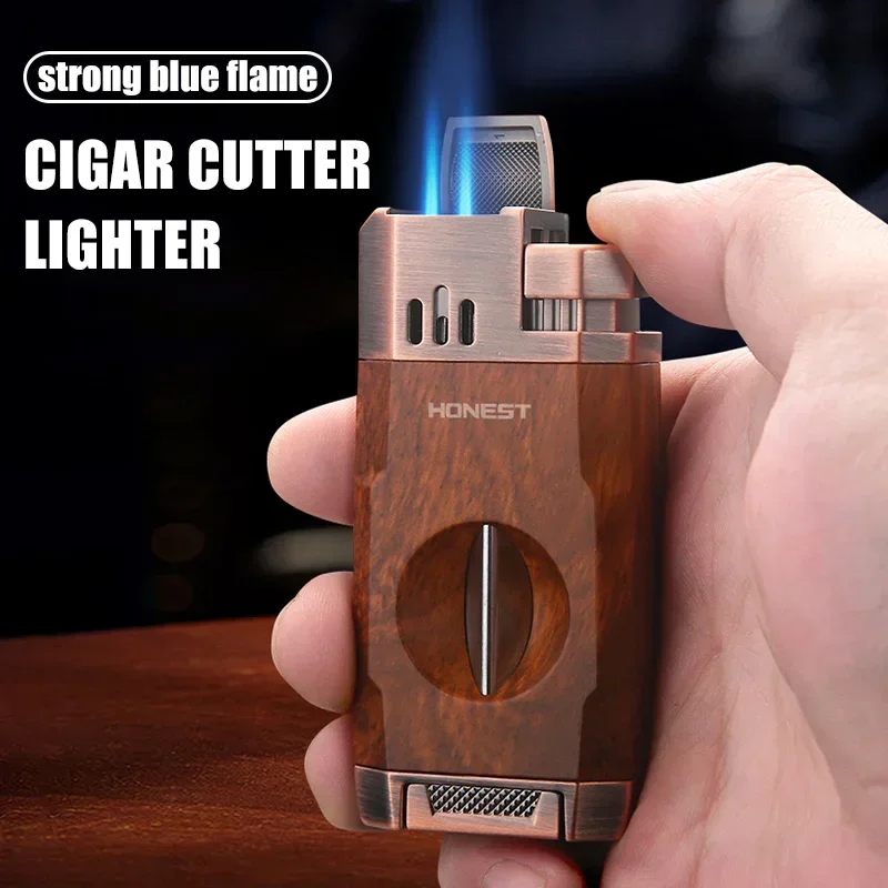 HONEST Double Blue Flame Cigar Lighters V-Shaped Sharp Cigar Cutter Design Visual Gas Window Cigar Tools