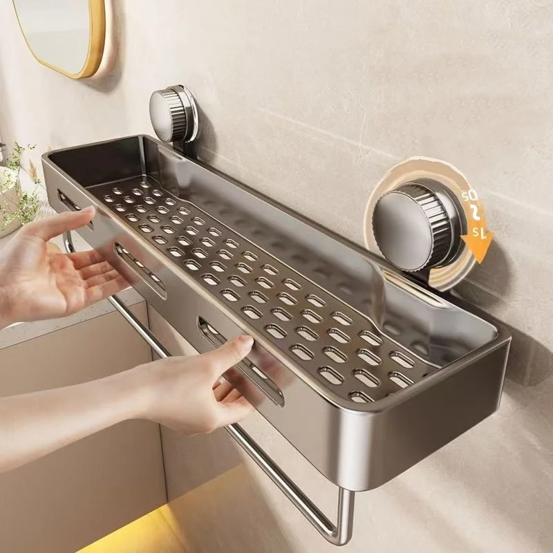 Easy To Install Suction Cup Style Plastic Wall Mounted Storage Rack Space For Storing Shampoo Soap And Toiletries In The Bathroo