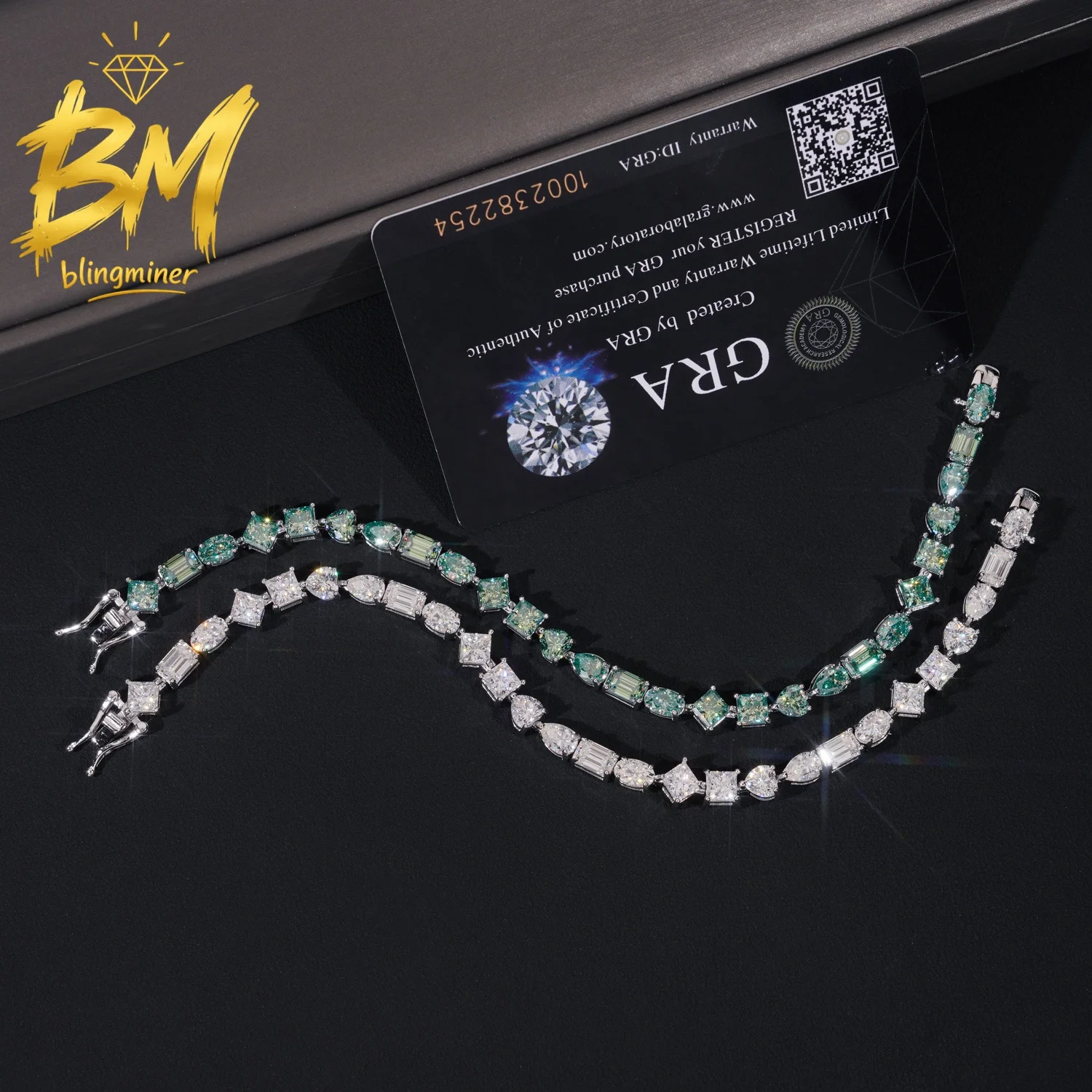 Blingminer Fancy Cut VVS Moissanite Tennis Chain Bracelet Iced Out For Men Women S925 Silver Pass Diamonds Tester Free Shipping