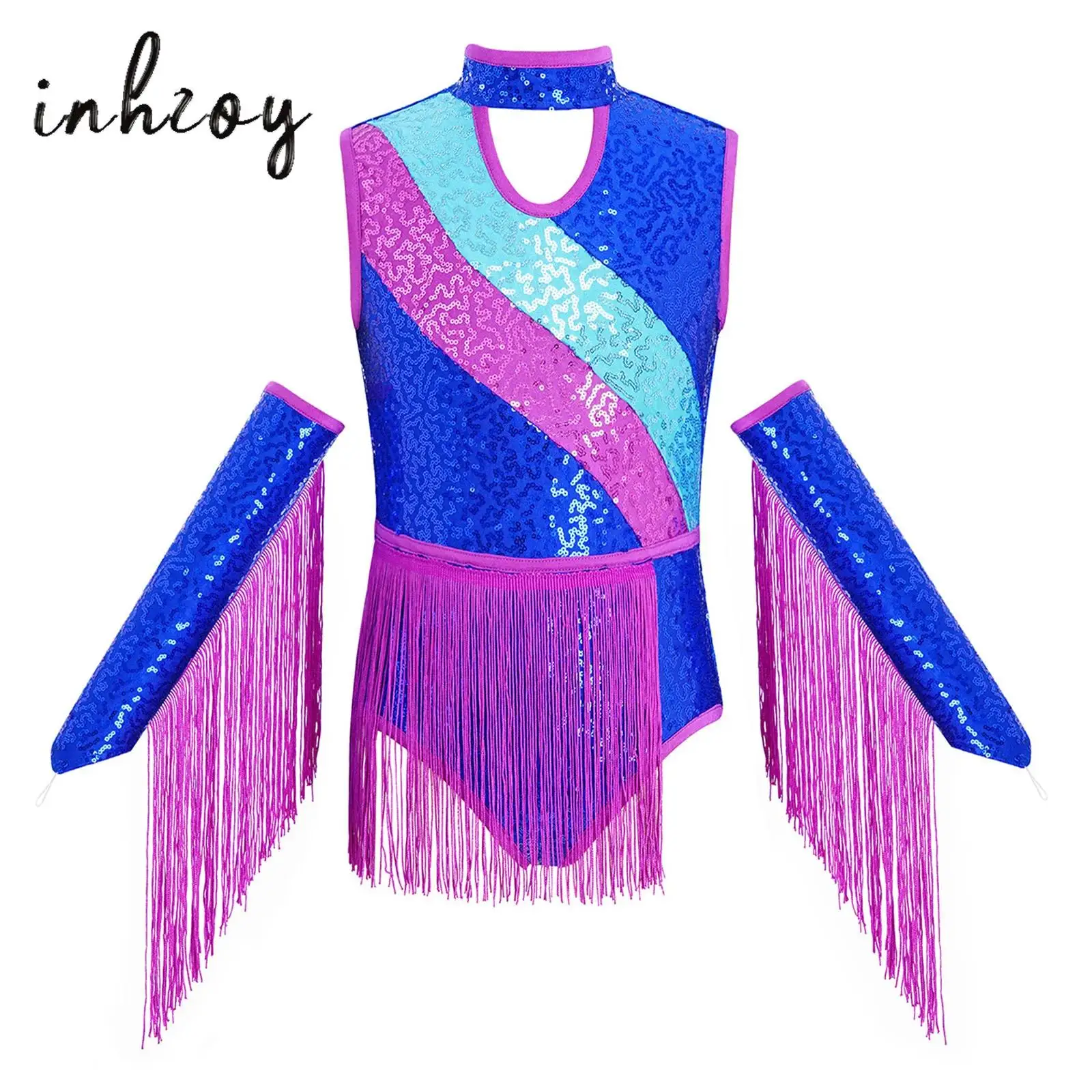 

Kids Girls Latin Jazz Dance Dress Sleeveless Sequin Tassel Leotard Bodysuit +Gloves Costume for Cha-cha Samba Performance