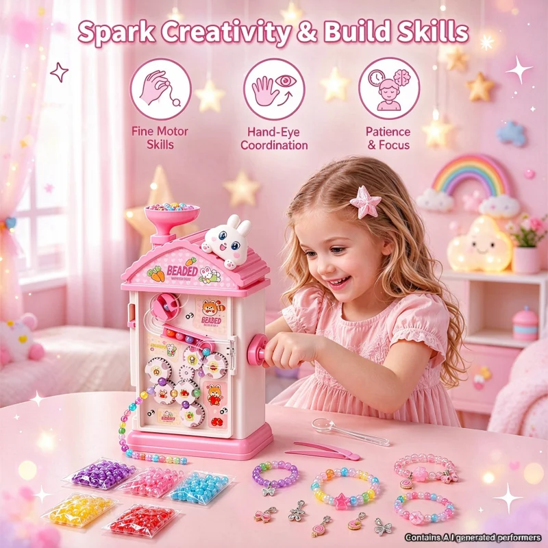 Kids Automatic Beading Machine DIY Bracelet Necklace Making Girl Hand Crank Bead Stringing Craft Toy Birthday Christmas Gifts