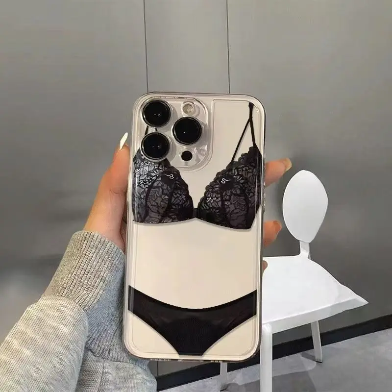 Ensemble de sous-vêtements en dentelle pour iPhone, coque de téléphone transparente pour iPhone 16, 15, 14, 13, 12, 11 Pro, XS MAX, 7 Poly, 8, 7 Plus