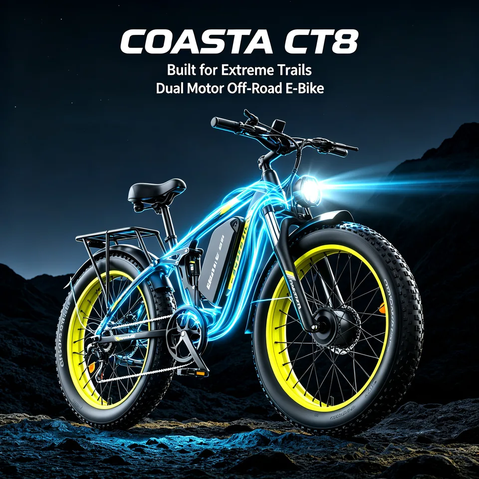 COASTA CT8 Yellow 26"×4.0 Fat Tire Electric Bike Dual Motor Full Suspension E‑Bicycle 3000W Peak 60V Removable Battery Hydraulic Disc Brake Shimano 7‑Speed LCD Display LED Headlight Max Load 150KG For Snow Beach Mountain Off‑Road Riding image 3