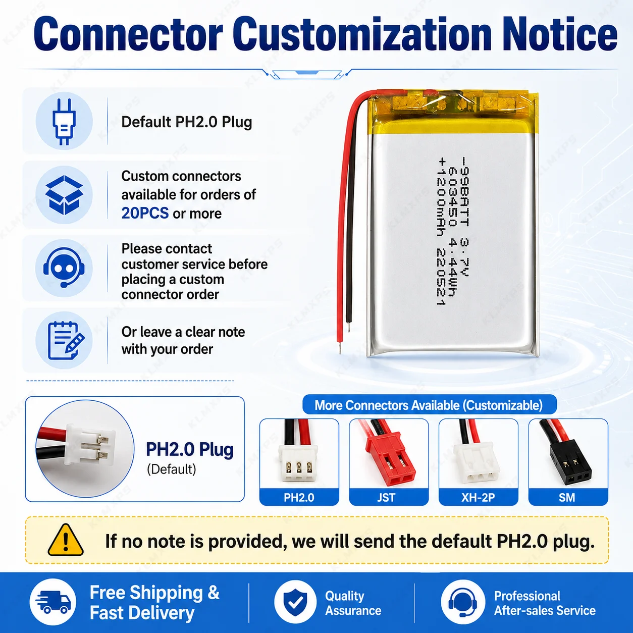 1200mAh 603450 LiPo Rechargeable Battery 3.7V PH2.0 2Pin Connector Fit GPS DVD E-book Audio Speaker