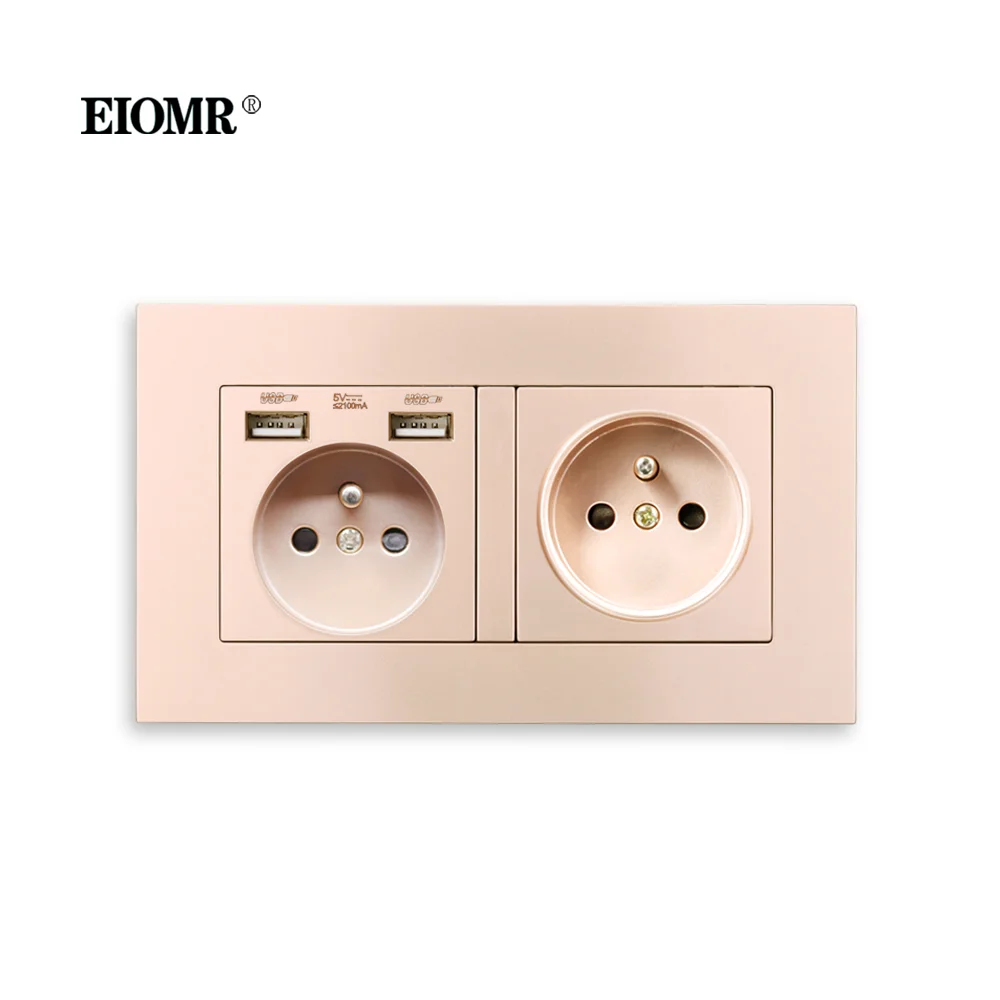 EIOMR French Standard USB Socket 16A Double Outlet Flame Retardant PC Panel AC 110~250V 146mm*86mm Wall USB Electrical Sockets