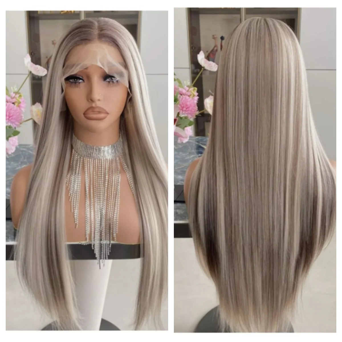 ロングストレートブロンド合成レースフロントウィッグ女性のための高品質ミックスカラーウィッグミドルパートデイリーパーティー使用ウィッグ