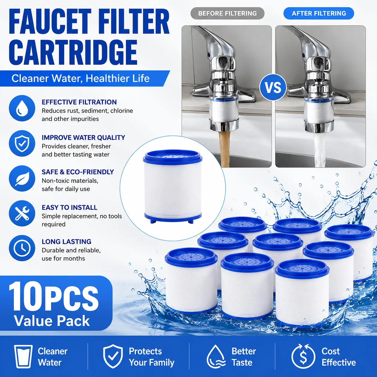 `Universal PP‑Cotton Filter Cartridge with Adapter, Heavy‑Metal & Chlorine Removal Replacement for Kitchen & Bathroom Faucet Wat