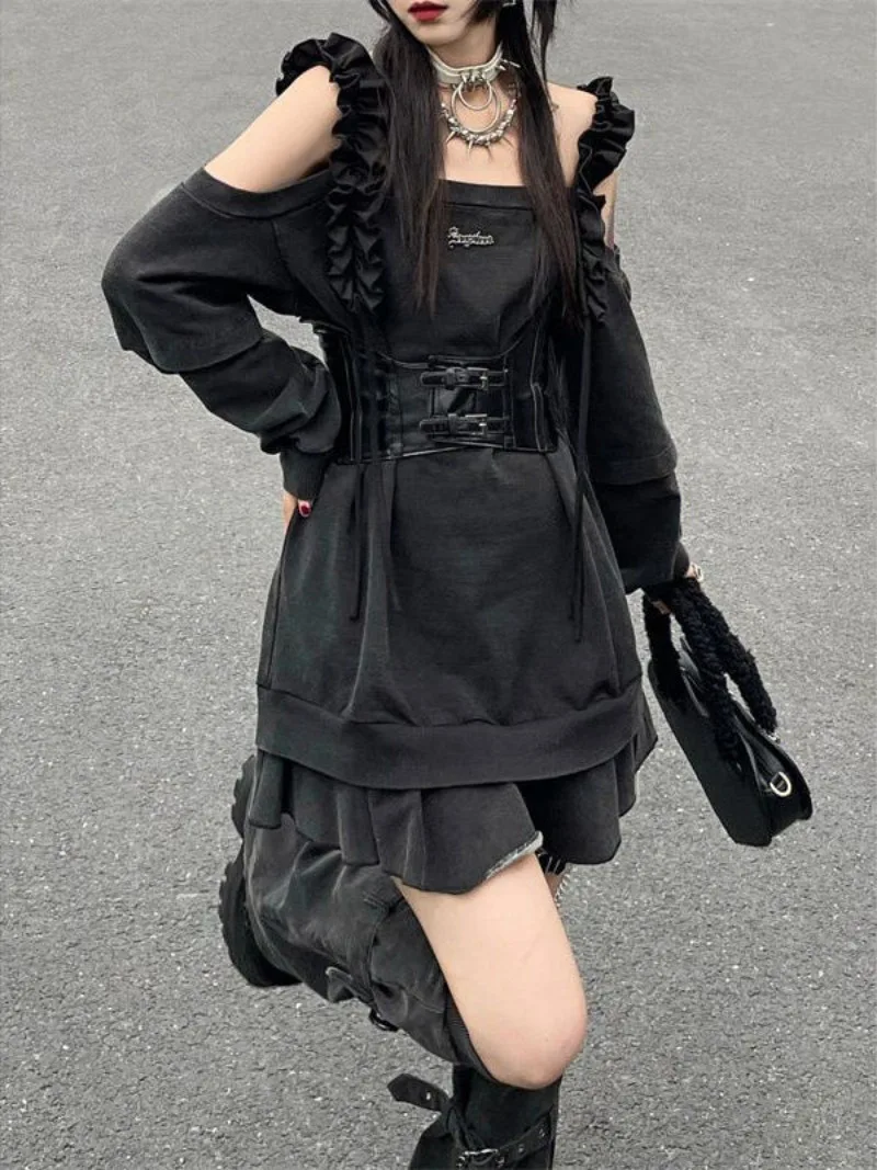 Japanese Gothic Harajuku Strapless Top Women Punk Loose E Girl Wooden Ear Sling T-shirt Y2K Grunge Tops 2024 New Summer