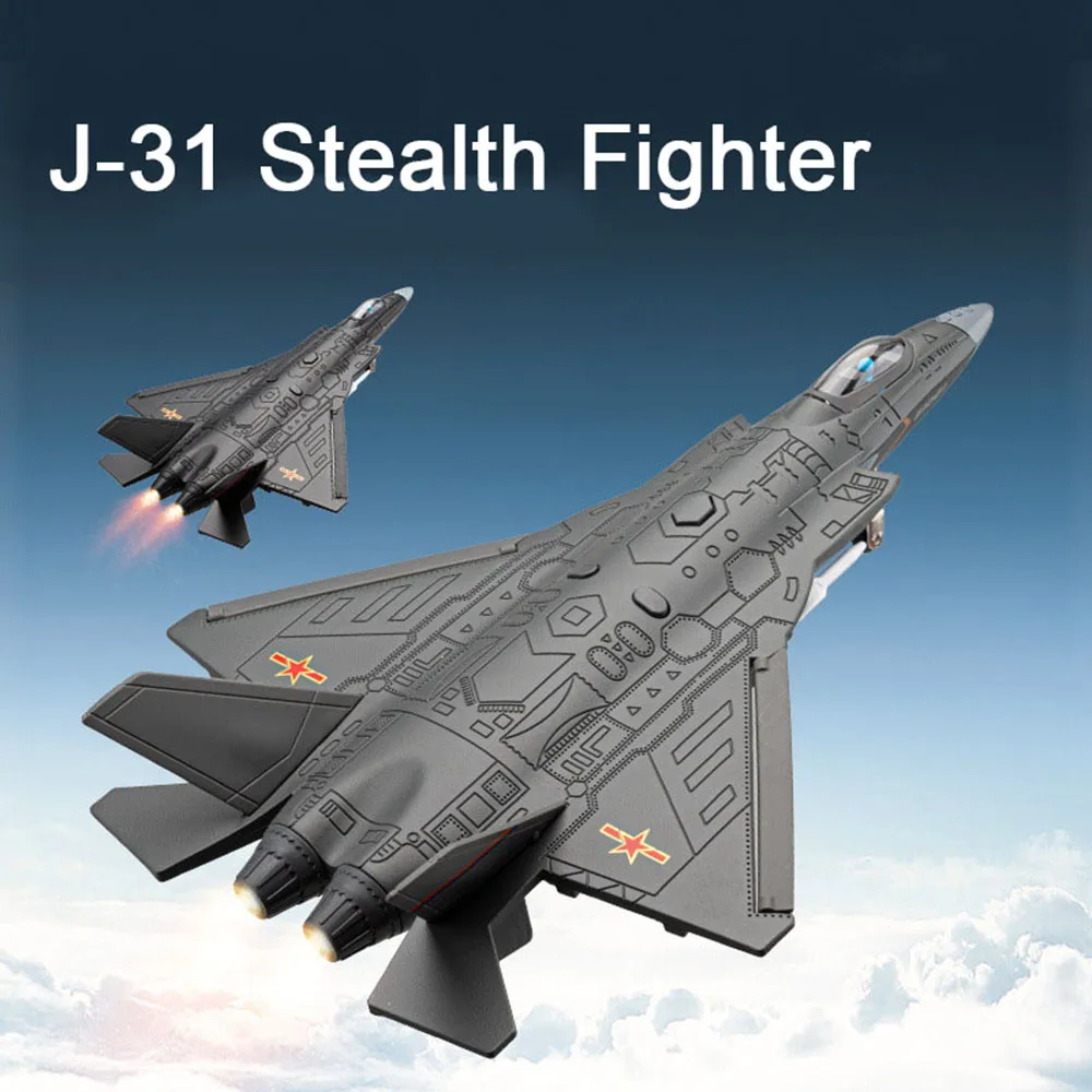 

1/68 Alloy Diecast J-31 Stealth Fighter Models Toys Car Light Music Military Aircraft Model Toy Wheel Pull Back Plane Boys Gifts