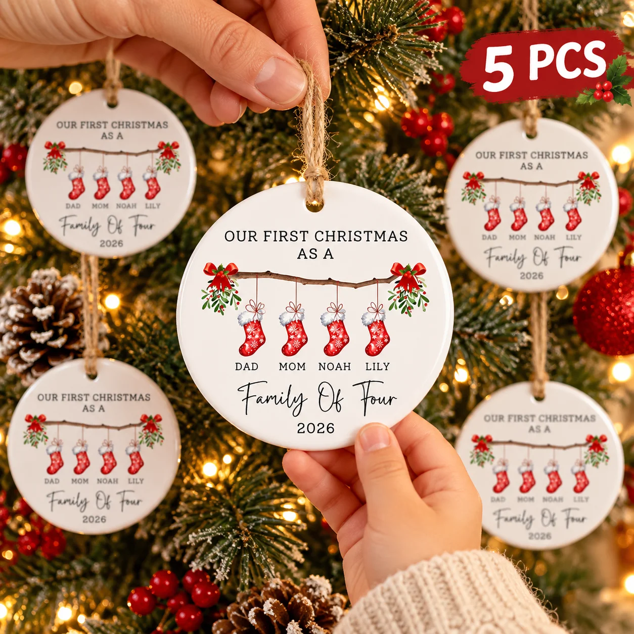 5Pcs Christmas Keepsake Round Ornaments 2026 First Holiday Family Of Four Stockings Hanging Tree Decor Parents Gift Set For Home