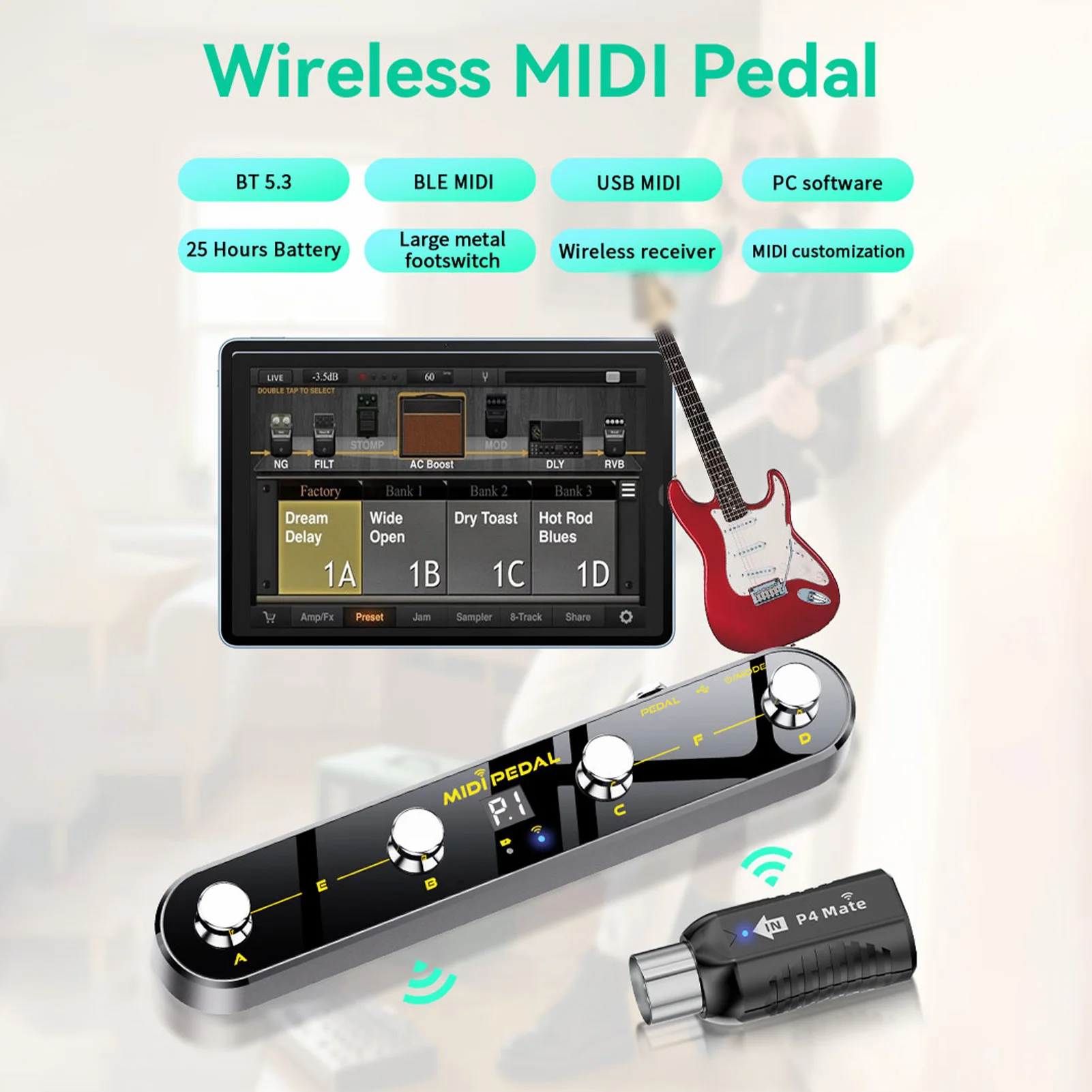 Pedale controller MIDI wireless 5 modalità Display digitale 25 ore Interruttore a pedale USB Ricevitore wireless per mixer Effetti per chitarra elettrica