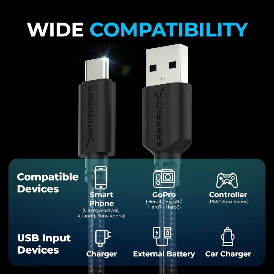 SABRENT [3 عبوات 22AWG Premium 6ft USBC إلى USB A 3.0 كابلات المزامنة والشحن [أسود] CBC3X6