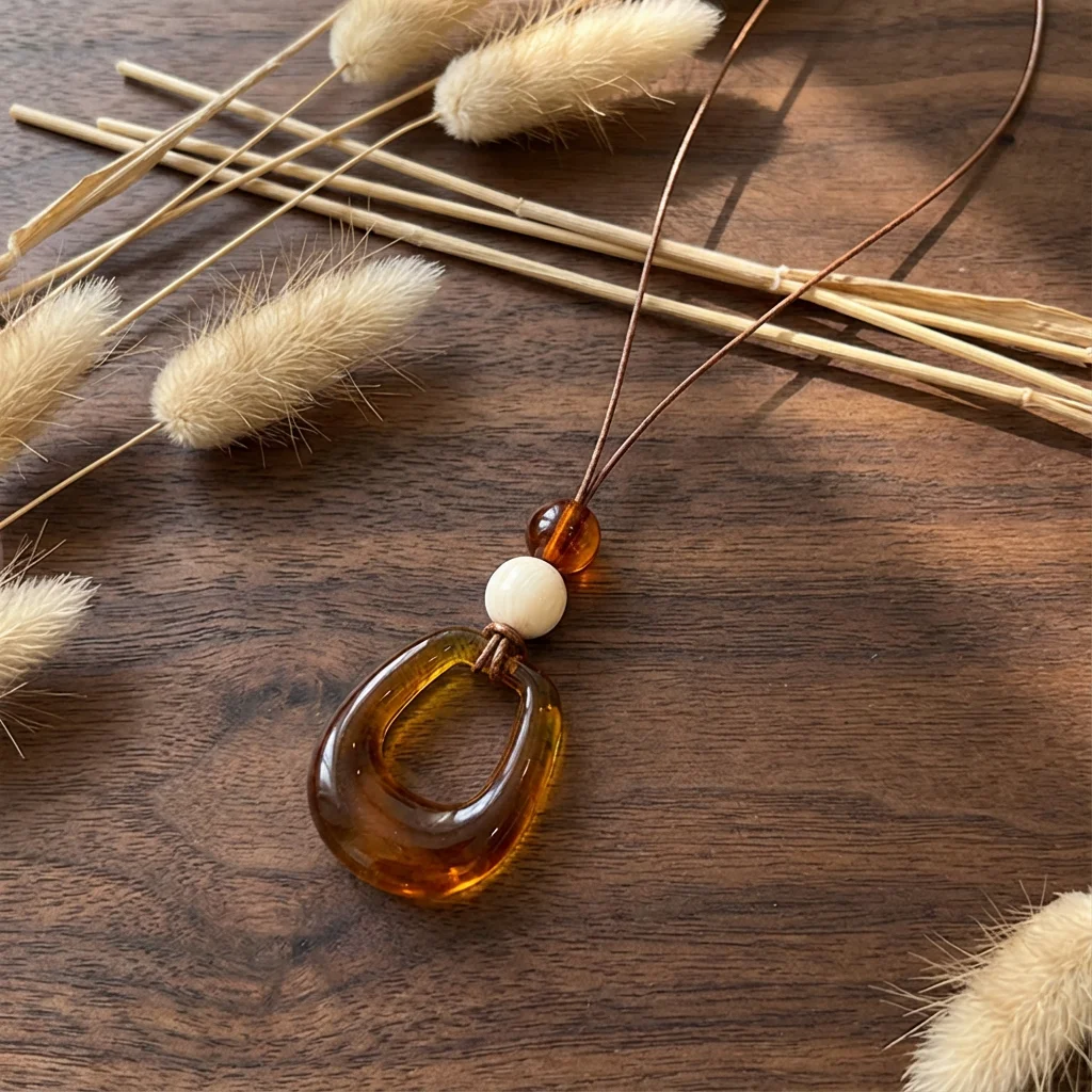 Vintage Bernsteinfarbene Harz-Anhänger-Halskette für Damen, minimalistische geometrische lange Pulloverkette, 2026 Mode, künstlerischer Schmuck, Geschenk – Detail 4