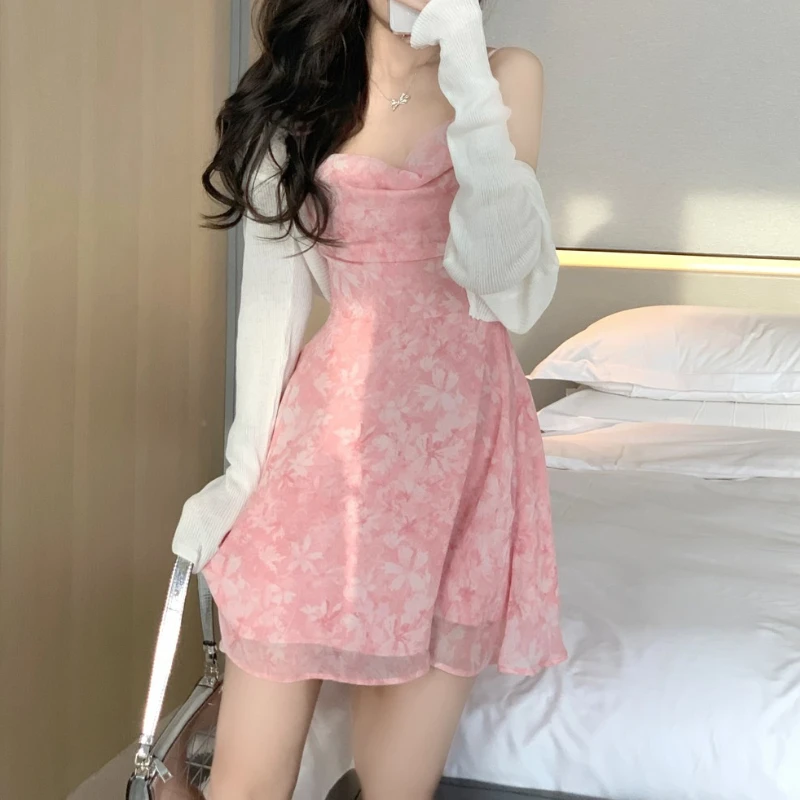 Women\'s Pink Flora Chiffon Dress, Korean Style Camisole, A-line Dress, Sweet Dress for Female, Casual Sexy Clothing, Spring, Sum