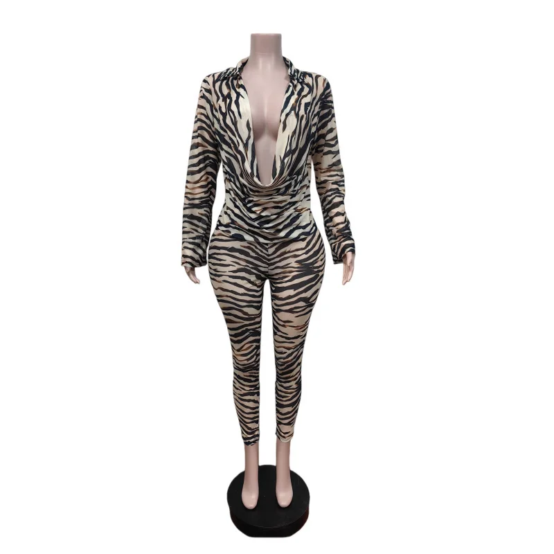 Zebra Print 2 Piece Outfits Women's Matching Sets Rave Festival Clothing Party Club Long Sleeve Ruched V-neck Top and Pants Set view 3