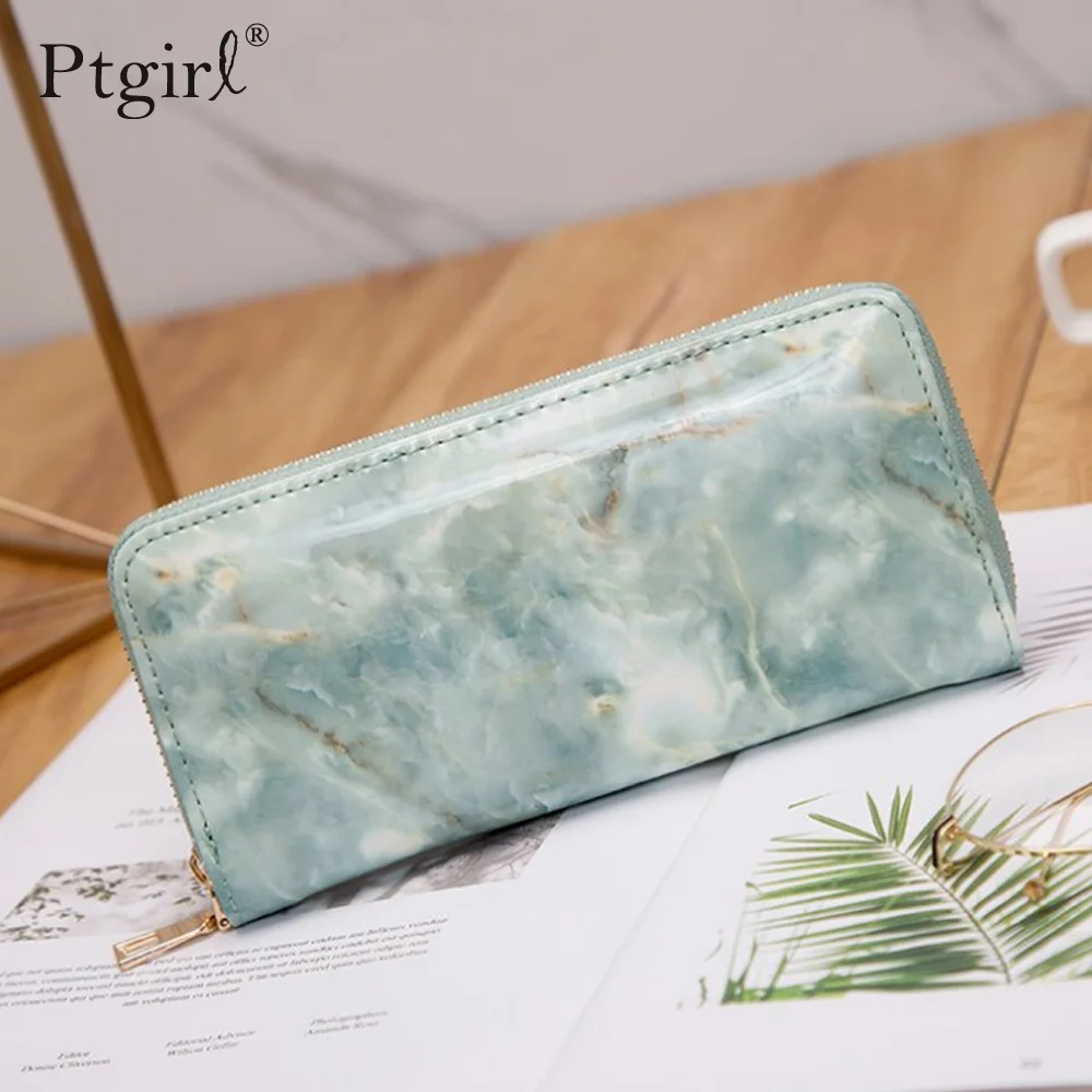 

Casual Women Lady Wallets Purses Totes Feminina Marble Patent Leather Clutch Bag Ptgirl women wallets moda mujer 2019 portomonee