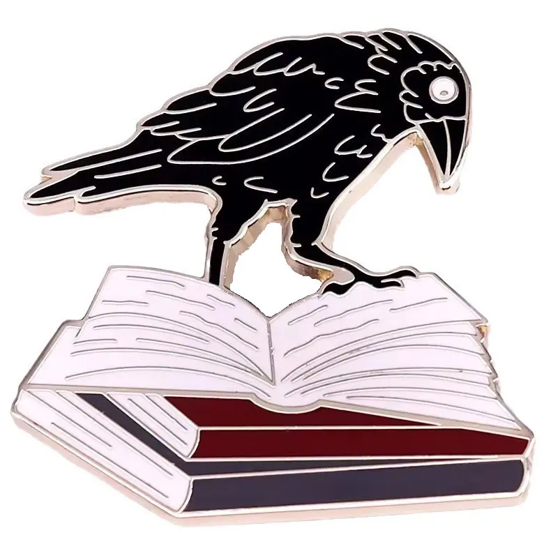 Crow and Book Hard Enamel Pin Edgar Allan Poe Raven Badge Halloween Art Decorative Accessory