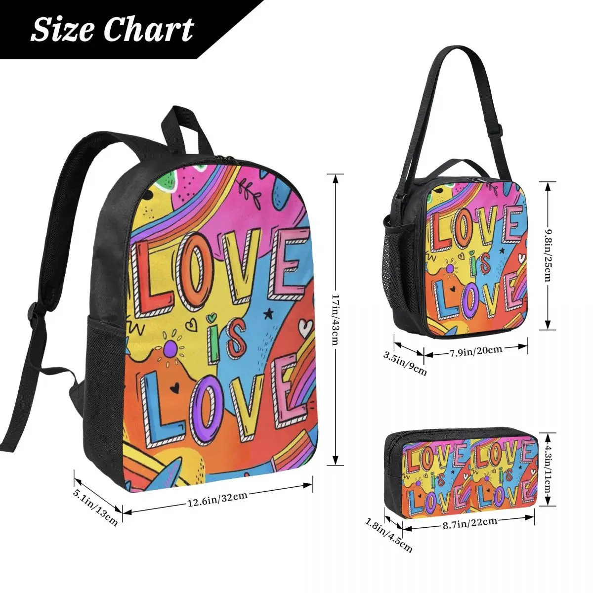 Rainbow Letter Love Is Love Print Backpack Student BookBag School Bag Laptop Shoulder Bags 3ps Insulated Lunch Bag Pencil Case