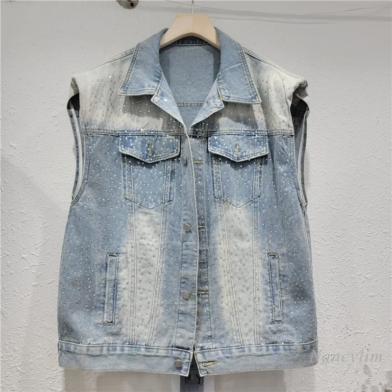 

2024 Summer New Color Matching Tie-Dye Heavy Embroidery Hot Drilling Sleeveless Denim Vest Padded Shoulder Women Waistcoat