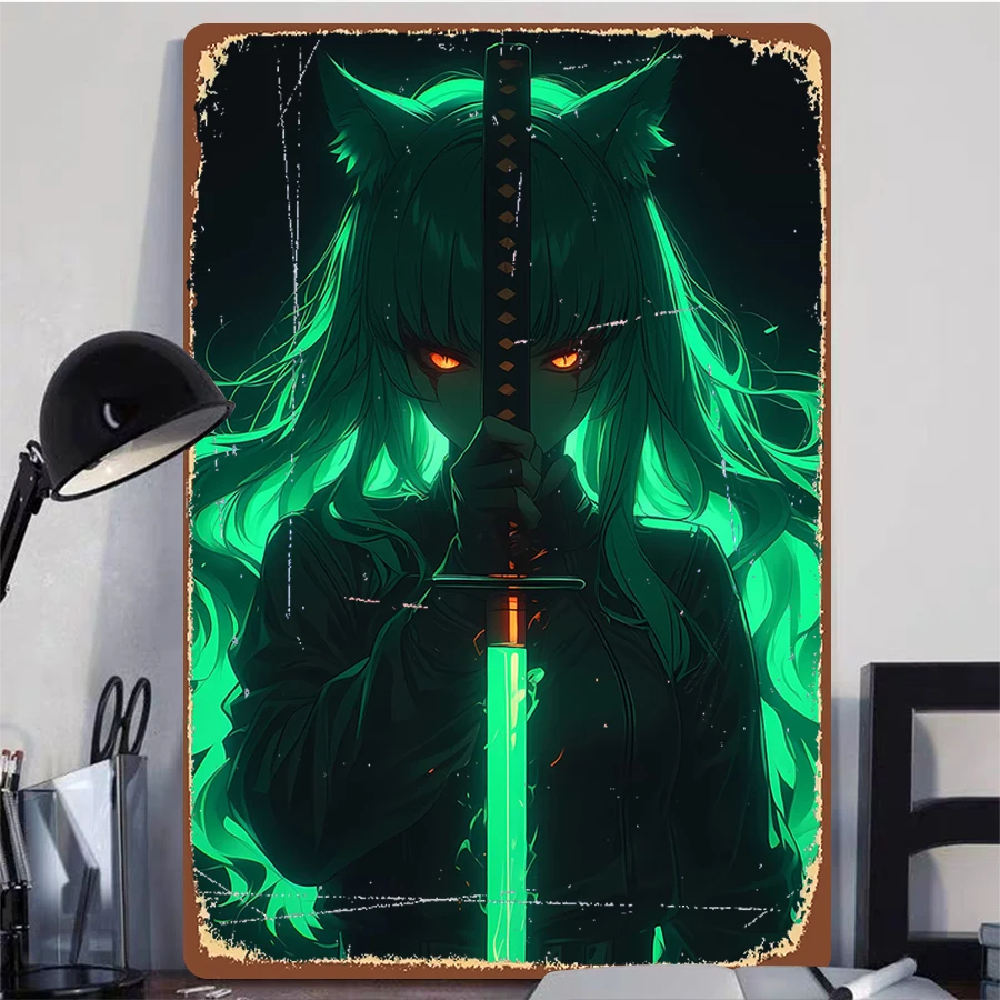 Neon Phantom Cat Ear Samurai Girl Metal Poster Cyberpunk Glowing Katana Anime Decorative Wall Art