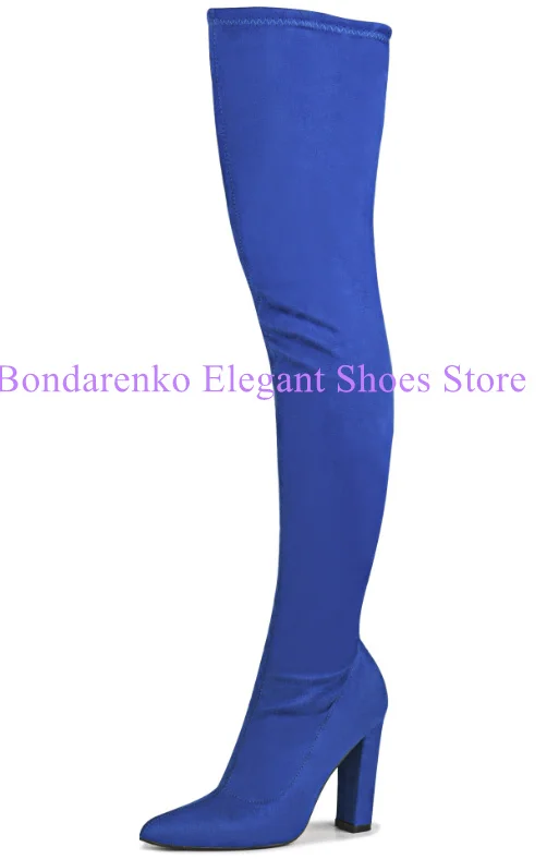 Blue Suede Elastic Chunky Heel Woman Long Boots Fashion Thin Leg Lady Over the Knee Boots Large Size Thigh High Boots Shoes