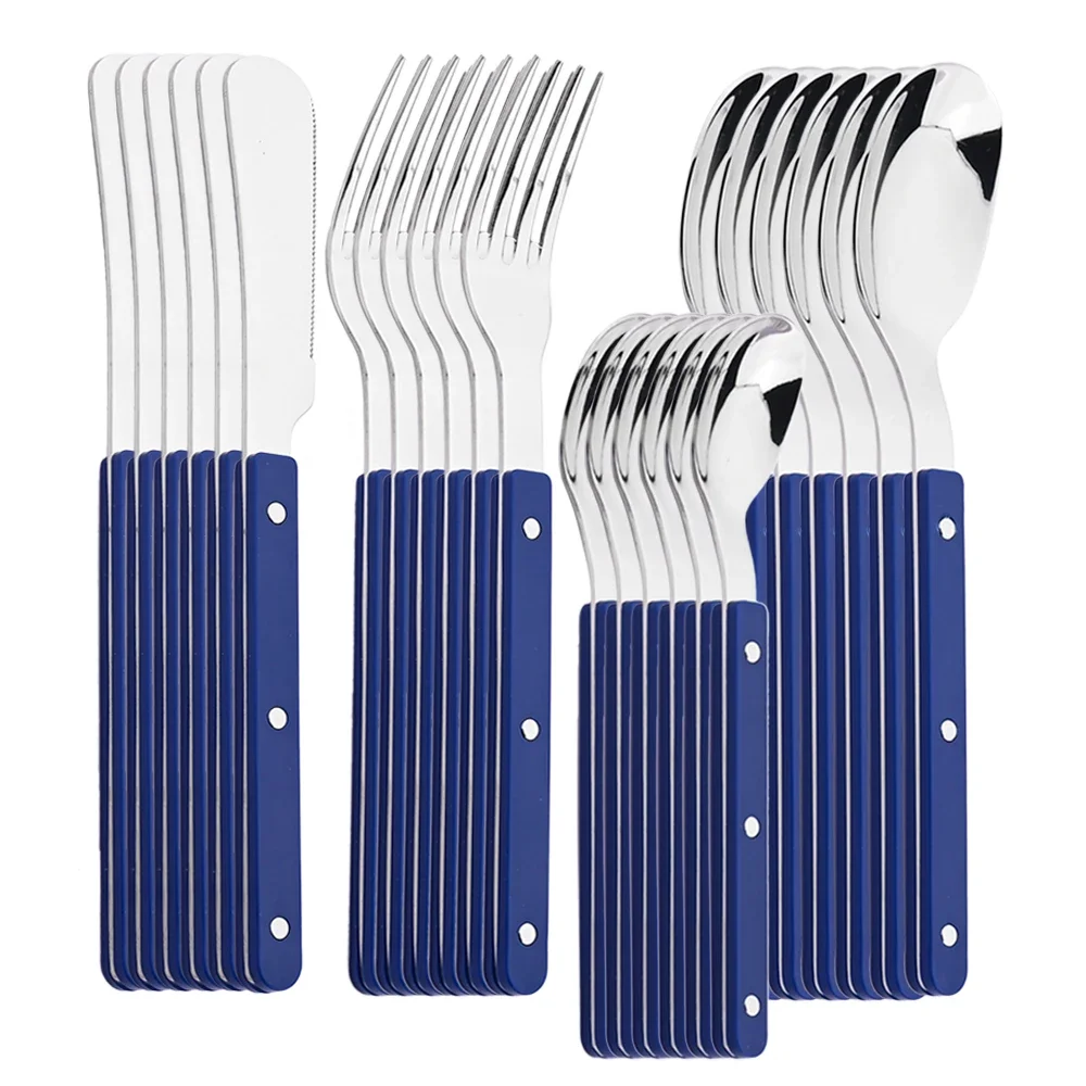 24Pcs Cutlery Set Knife Fork Spoon Dinnerware Stainless Steel Flatware Kitchen ABS Handle Rivets Decoration Tableware Set Gift