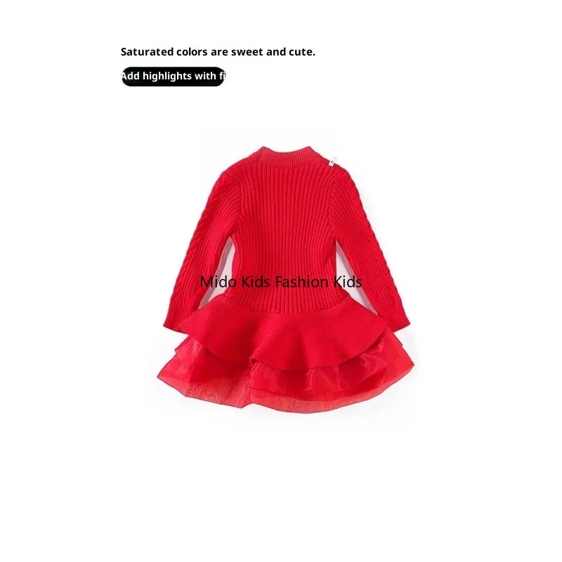 INS Import Autumn/Winter Girls' Bright Red Knitted Dress Medium Small Sizes Long-Sleeved Knitted Dress Underlayer Wool Dress