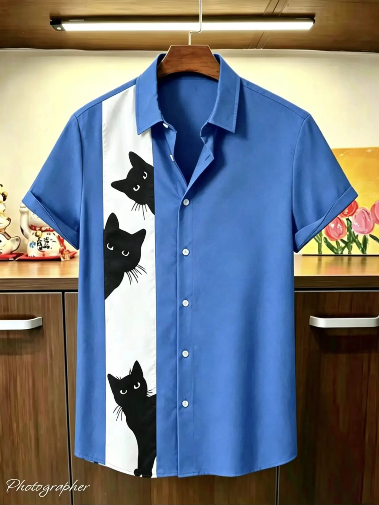 Men's 3D printed cat short sleeved shirt, casual collar, loose cut, trendy and fashionable men's top, comfortable and breathable