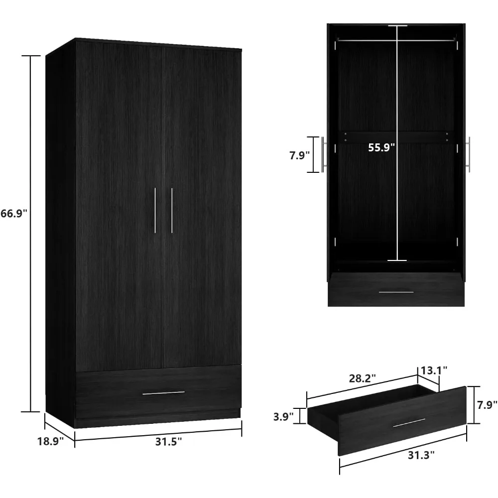 2 Doors Wardrobe Armoire with Drawer, Freestanding Armoire Wardrobe Closet with Hanging Rod, Bedroom Wood Clothes StorageCabinet