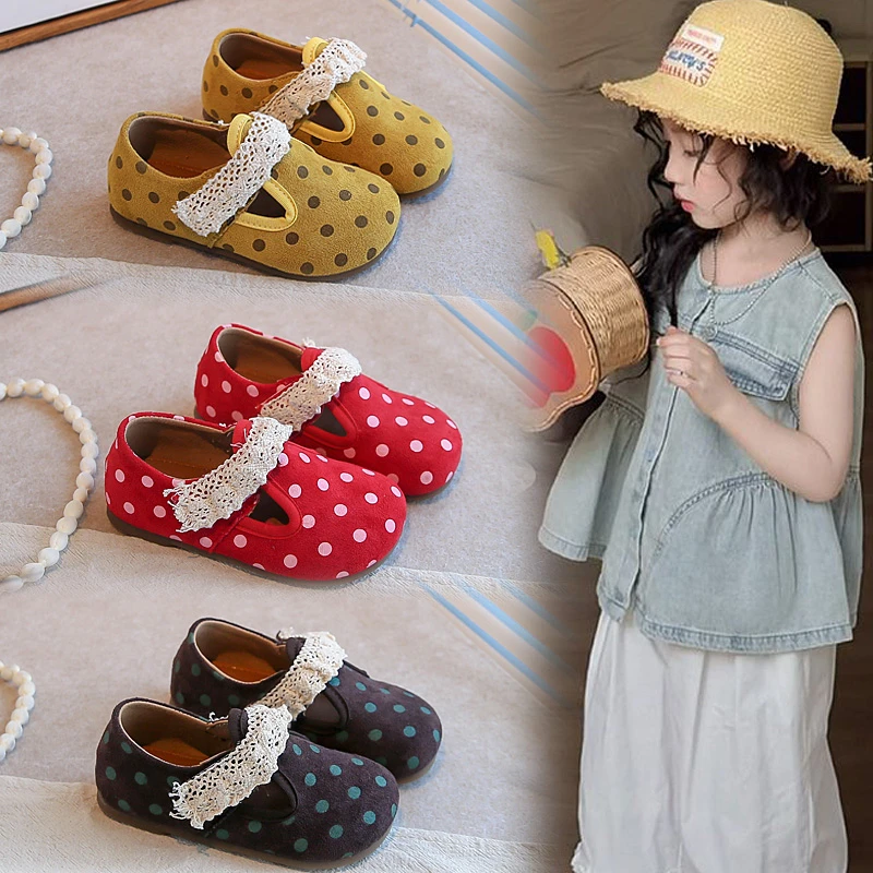 

Girls' Leather Shoes Size 21-30 Red Polka Dot Lace Boys Girls Single Shoes Spring Autumn Yellow Soft Non-Slip Kids Birken Shoes