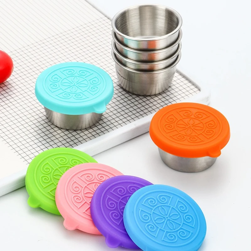 6 Pcs Set Leakproof Stainless Steel Dipping Sauce Cups Food Containers Reusable Salad Dressing Container Silicone Stretch Lids