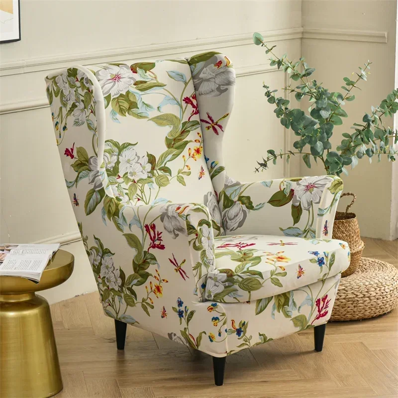 Floral Printed Wing Chair Cover Stretch Spandex Armchair Covers Nordic Removable Relax Sofa Slipcovers With Seat Cushion Covers