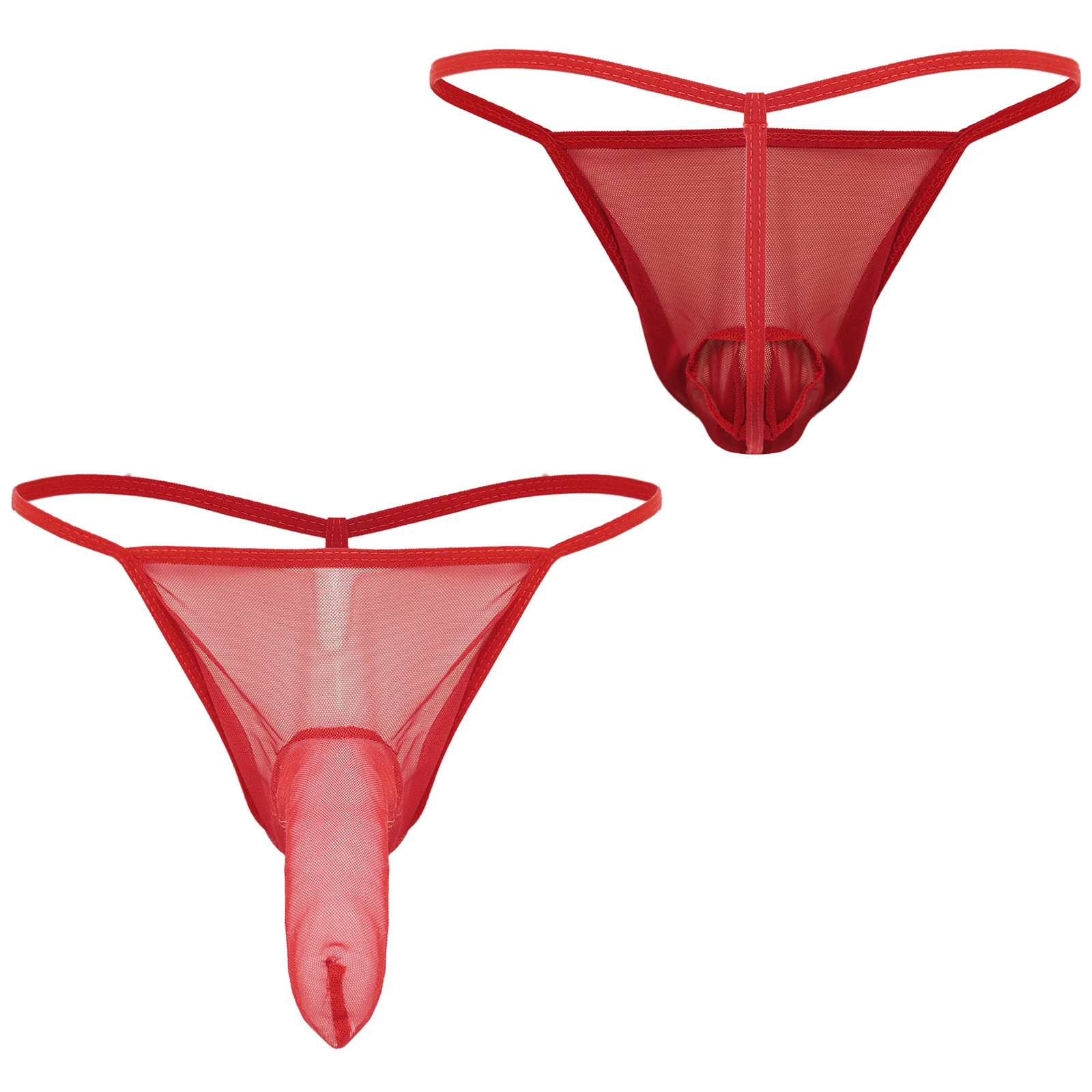 Mens See Through Mesh Thong Underwear Spaghetti Waistband Bulge Pouch with Sheath T-back Briefs Swimwear Nightwear Micro Panties