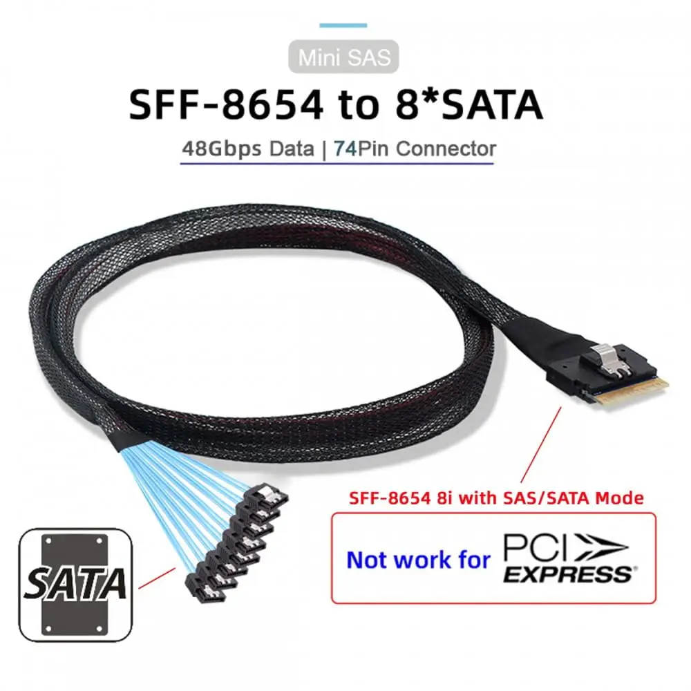 Lontion#PCI-E Ultraport Slimline SAS 4.0 LP Low Profile SFF-8654 8i 74pin to 8X SATA 7Pin Straight Server Internal Connection Ca