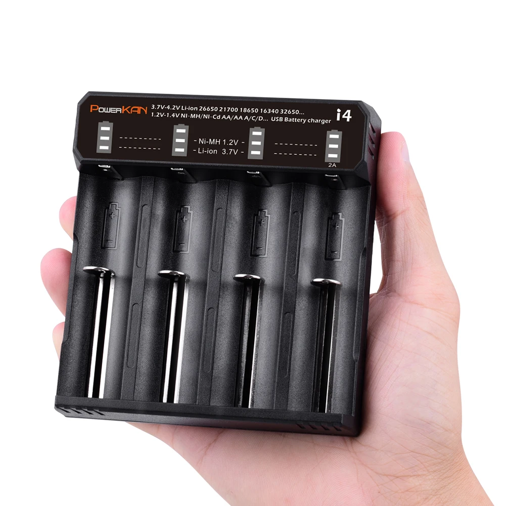 POWERKAN i4 battery charger with LED display for 4 3.7V Li-ion18650 26650 21700 batteries and 1.2V Ni-MH AA AAA No.5/7 batteries