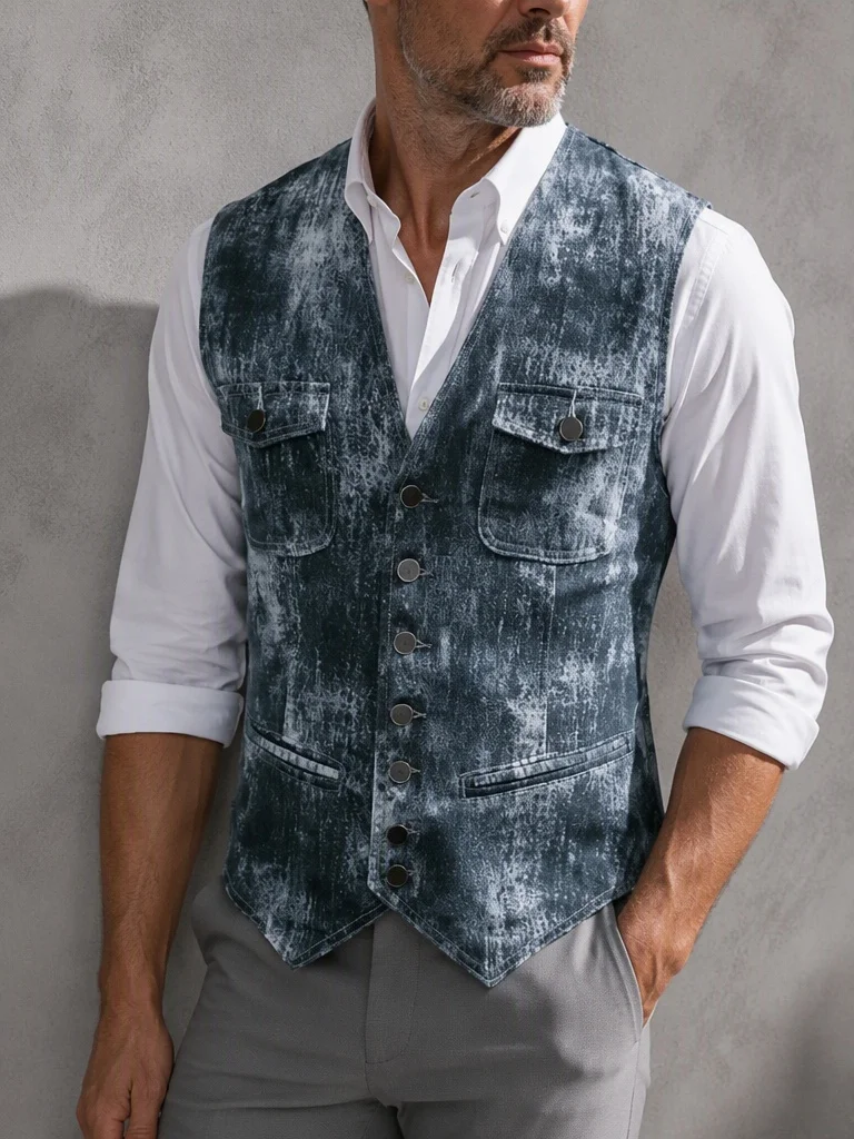 Men's Vintage Washed Design Vest V Neck Single Breasted Multi Pockets Slim Fit Casual Business Party Formal Banquet Waistcoat