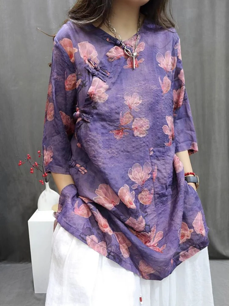 Retro Print Flax irt Women Summer Thin Loose Slimming New Chinese Sle Buttoned Midi Length Linen Top Commute Faion