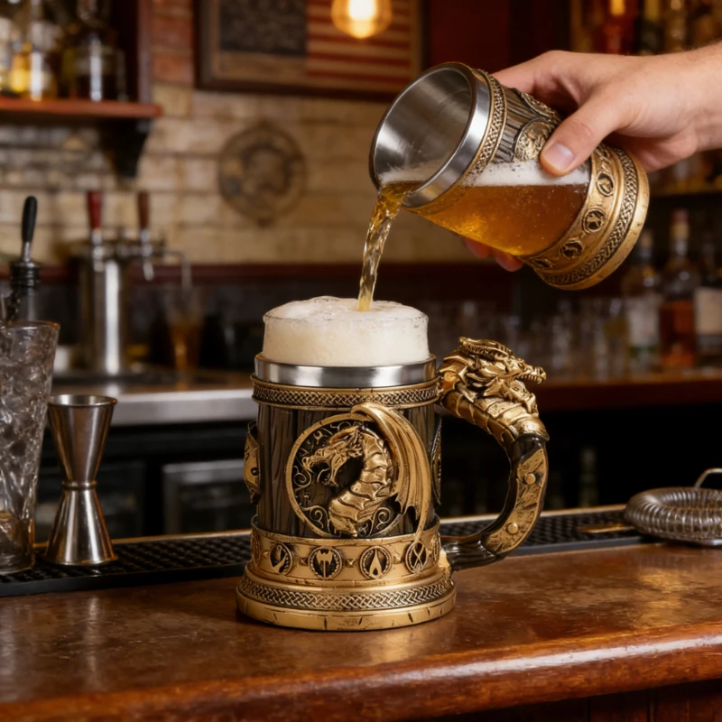Stainless Steel Home Beer Cup Relief Water Cup 3D Retro Personality Punk Dragon Head Mug Home Decoration Gift