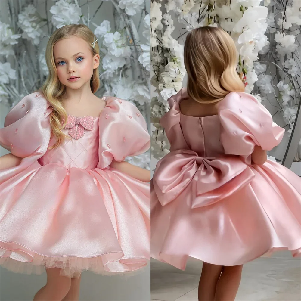 

Flower Girl Dress Dearin Scoop Neckline Ball Gown Mini Length Skirts Bows Draped Fold Dresses