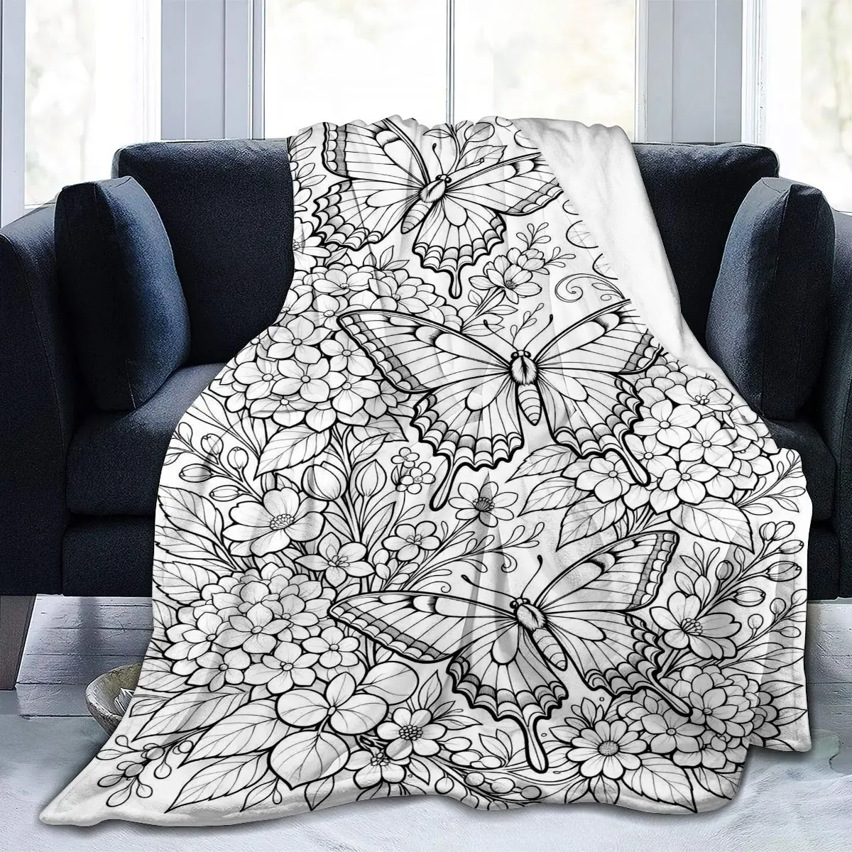 Butterfly Floral Coloring Flannel Blanket, Soft Skin-Friendly Warm Throw for Adults DIY Relax for Couch Bedroom Nap