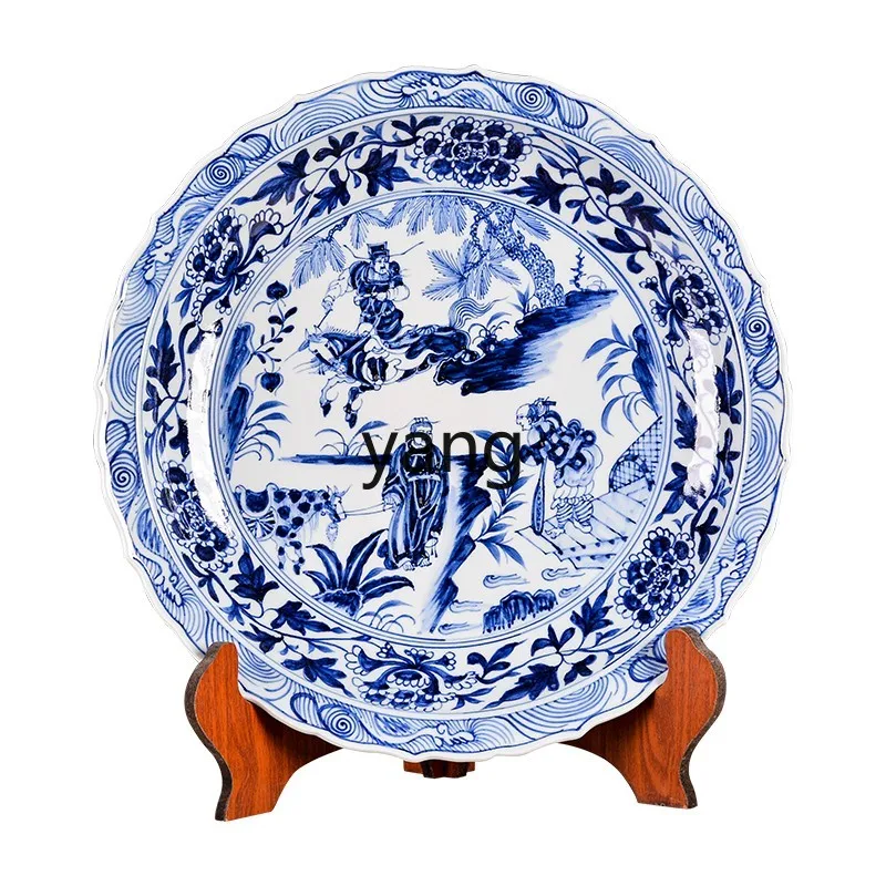 

L'm'm Hand-Painted Blue and White Flower Decoration Porcelain Plate Chinese Household Living Room Curio Shelves Decoration Gift