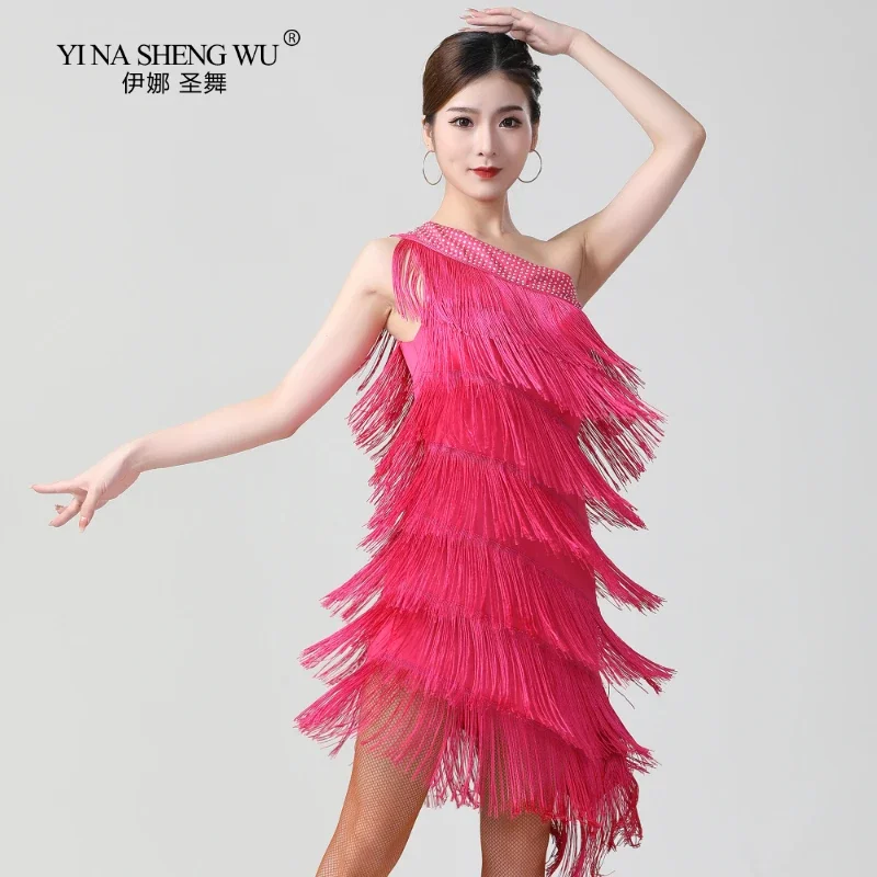 

Women Latin Dance Dress Tassel Slant Shoulder Hot Diamond Performance Dress Cha Cha Salsa Ballroom Competition Dress StageOutfit