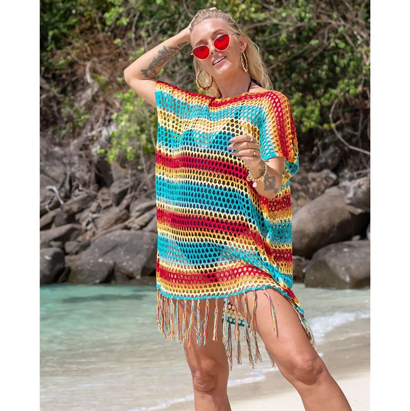 Tassel Lace Crochet Bikini Cover Up with Fringe Trim Women Sexy Hollow Tunic Beach Dress Summer Bathing Suit Beachwear Robe