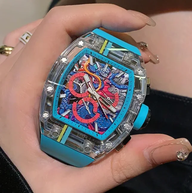 

CRONUSART Men Chronograph Watch 50mm Tonneau Mechanical Wristwatch Sapphire Case Luminous Fluororubber Strap Skeleton Snake Dial