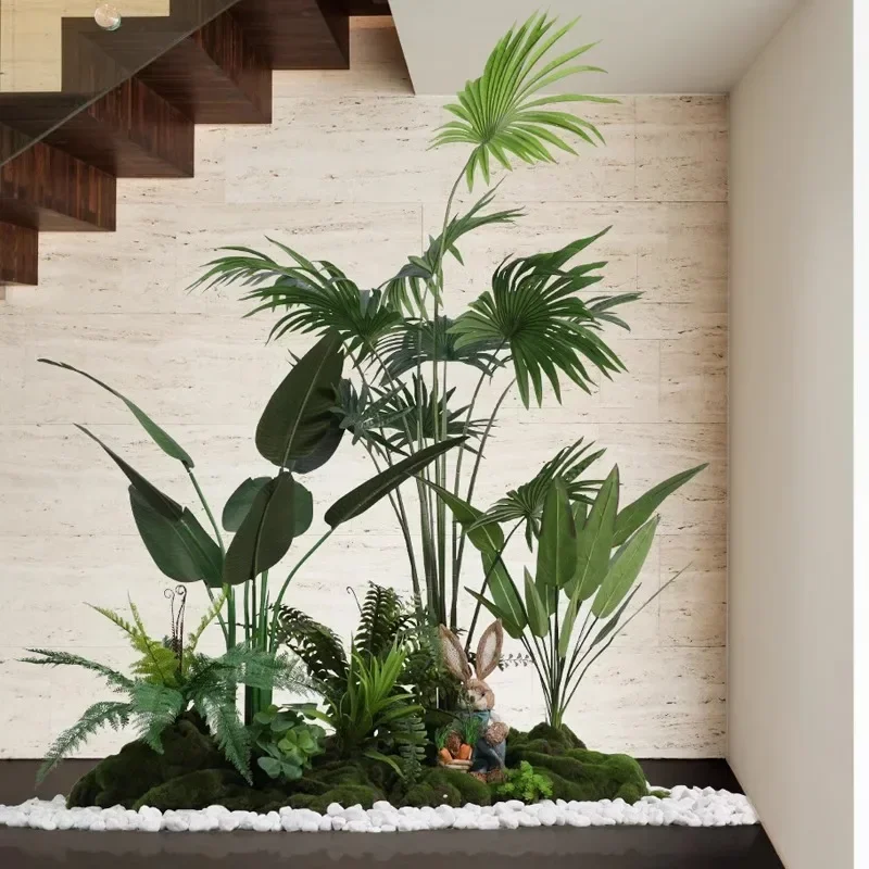 Simulated plant landscaping decoration Fake green plants potted trees arrangement at the lower corner of the stairs