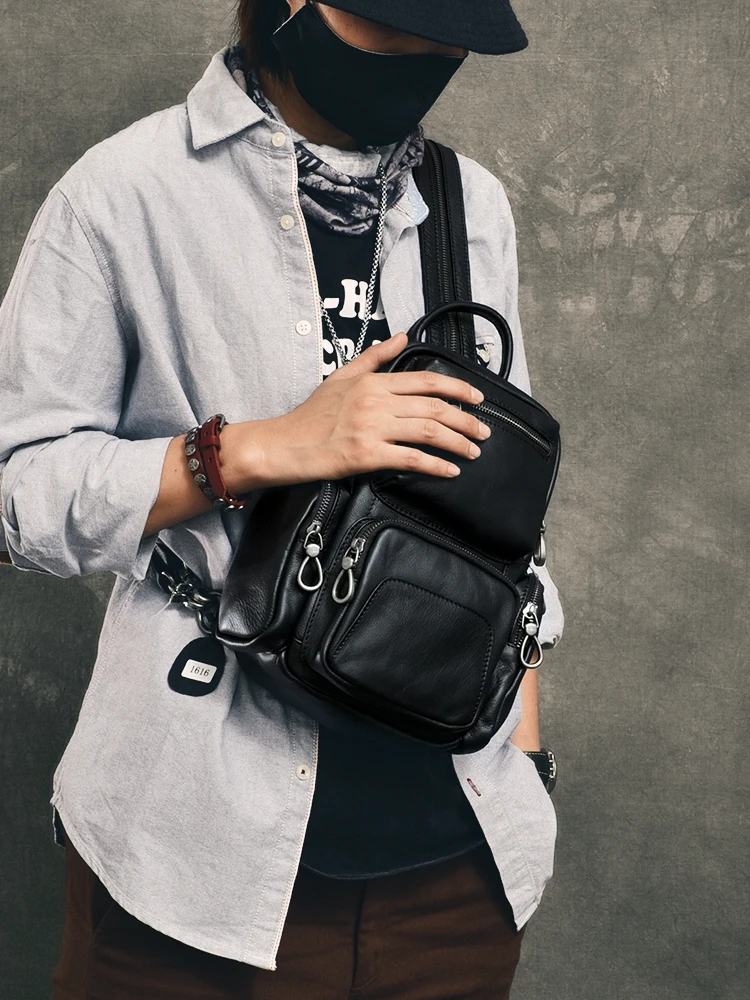 

outdoor travel luxury first layer cowhide men's chest bag casual handmade genuine leather women's multifunctional backpack