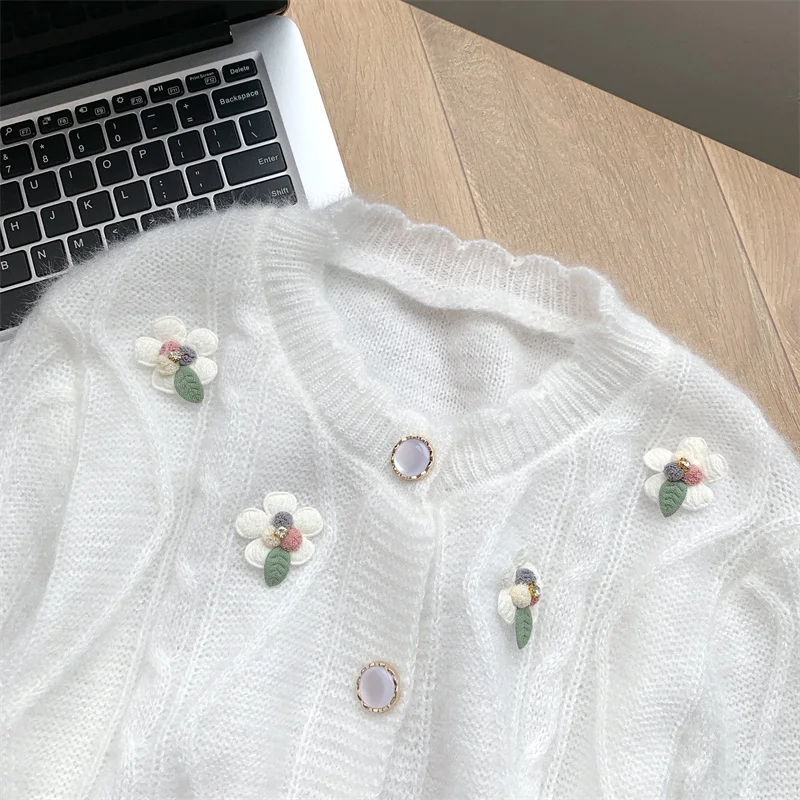 Sweet Cute Embroidered Flower Cardigan For Women New Autumn Loose Jumper  Korean Style Knitted Sweater Top Female Clothing