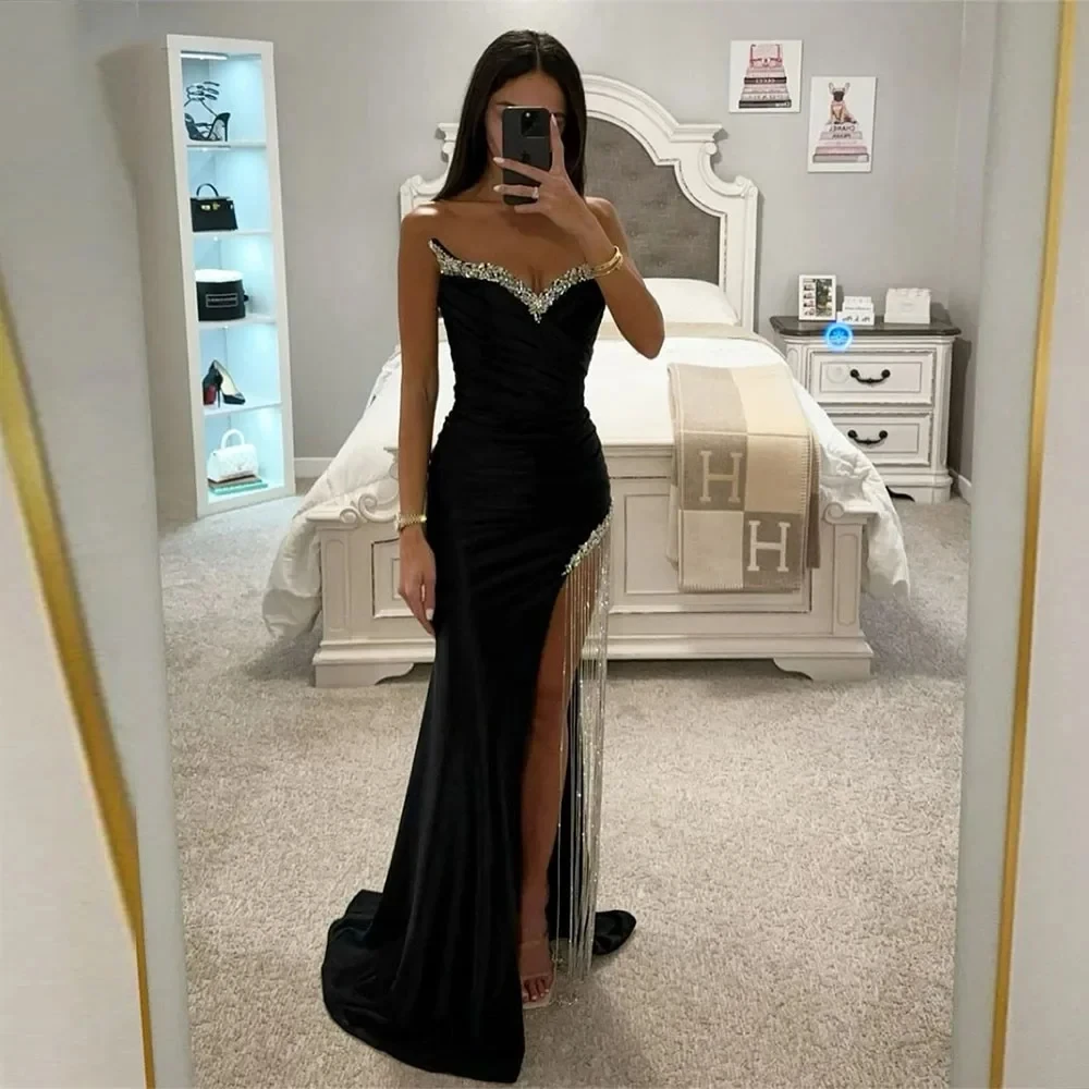 Black Satin Sparkle Prom Dress Sweetheart High Leg Slit Evening Gown Mermaid Off Shoulder Tassels Corset Sukienki Na Studniówkę